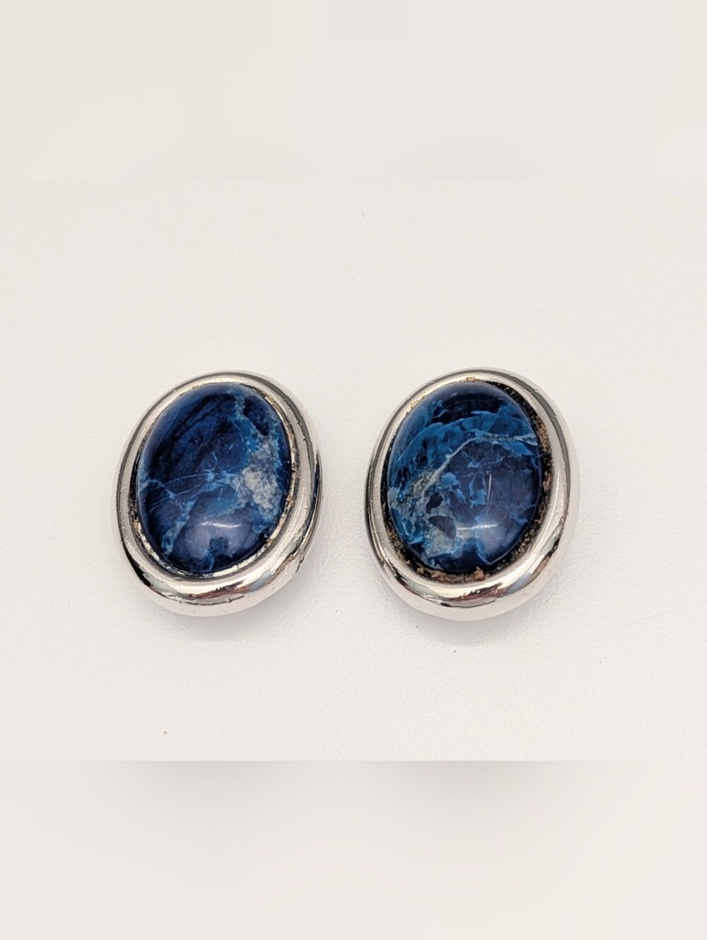 Denim Lapis-Like Blue Stone Oval Clip-On Silver-Tone Earrings - Picture 2 of 9
